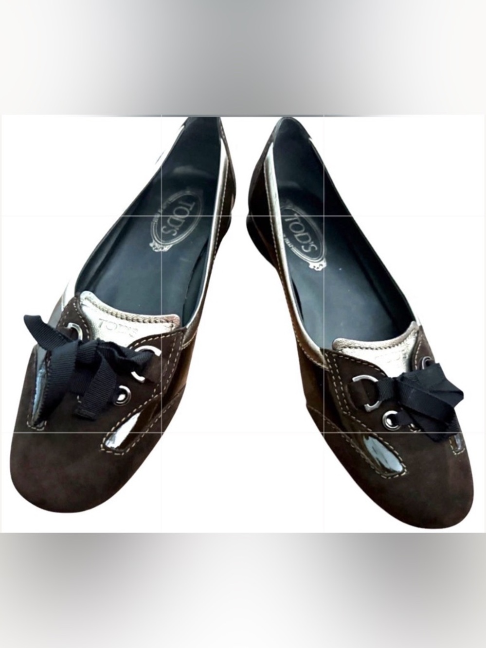 Tod's Holiday Ballerina Brown Suede Patent Leather Bronze Trim Driving Shoes 10